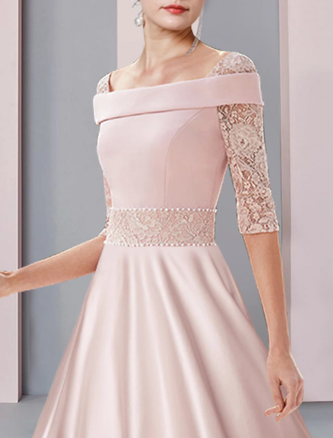 Wholesale  A-Line Mother of the Bride Dress Formal Wedding Guest Elegant Square Neck Tea Length Satin Lace Half Sleeve with Pearls